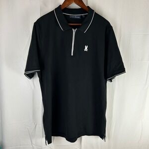 Psycho Bunny Mens Black Short Sleeve 1/4 Zip Polo Shirt Bunny Logo Size 8